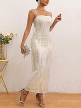 Spaghetti Strap Sequin Tassel Fringe Fitted Maxi Slip Dress